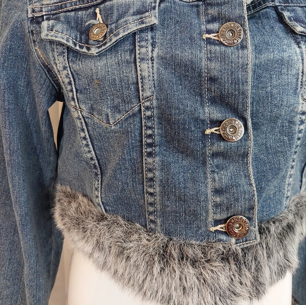 Americana Blues Denim Crop Jean Jacket Faux Fur Details Size L - Picture 7 of 9